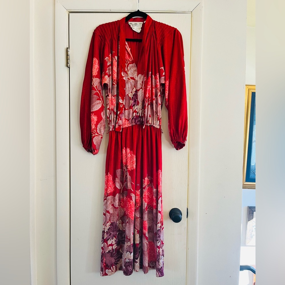 VTG prairie balloon sleeve hippie butterfly print 70s Paris made midi dress S